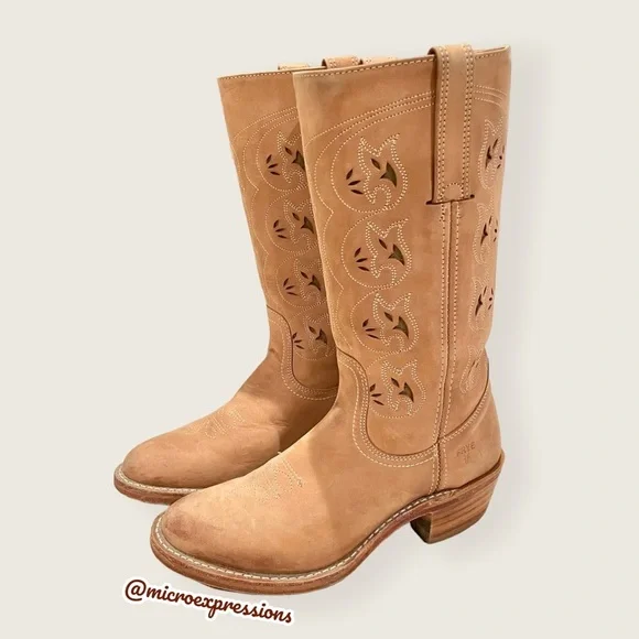 VINTAGE 1980 Frye Austin Tan Brown PullOn Leather Floral Embroidered Cowboy Boot - Picture 7 of 12